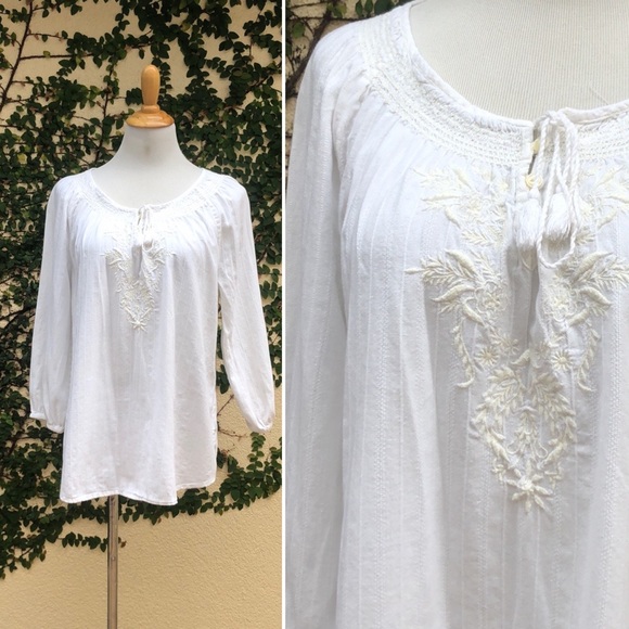 LRL Lauren Jeans white cotton summer blouse with floral embroidery and neck ties - Picture 1 of 11